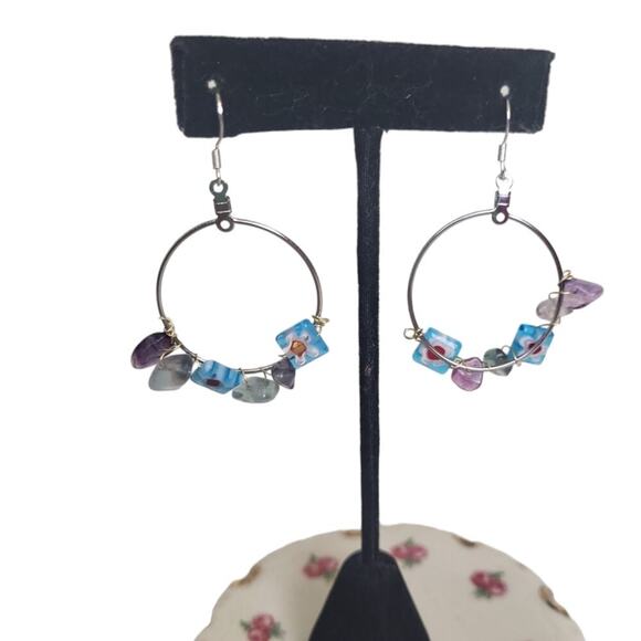 Fluorite Millefiori Lampwork Glass Beads Hoop Earrings - Picture 5 of 5
